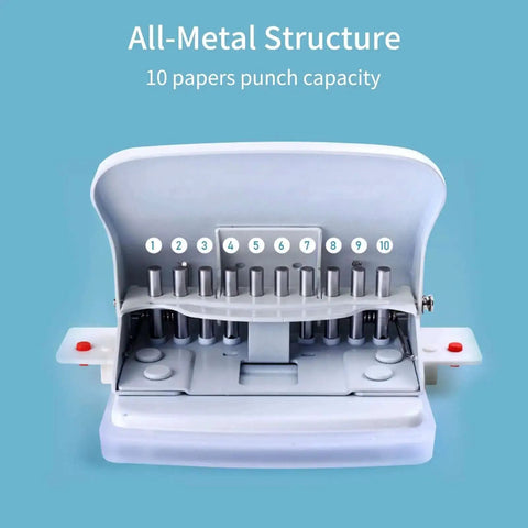 10 Hole Paper Punch Handheld Metal Puncher For A4 A5 B5 Notebooks and Scrapbooks with all-metal structure and 10 sheet capacity.