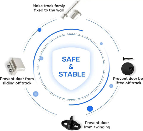 Safe and stable components for Brushed Nickel Sliding Barn Door Hardware Track Kit Heavy Duty Rollers 36-40, includes screws and stoppers.