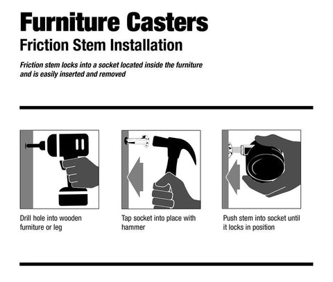 Installation guide for friction stem caster on wood furniture showing drilling, fitting, and locking steps with illustrations.