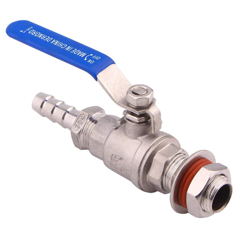 DERNORD 1/2 inch stainless steel ball valve with blue handle, weldless bulkhead, 1/2 NPT to 1/2 barb hose