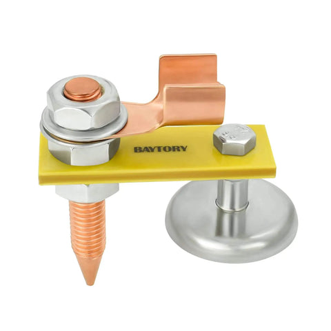 Fix Tite Magnetic Welding Ground Clamp With Strong Suction Head and Copper Tail Stabilizer, yellow base, metal parts, front view