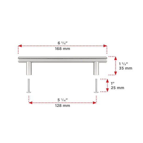 Roosevelt Collection Brushed Nickel Cabinet Handle Five And One Sixteenth Inch Center To Center Bar Pull with dimensions.