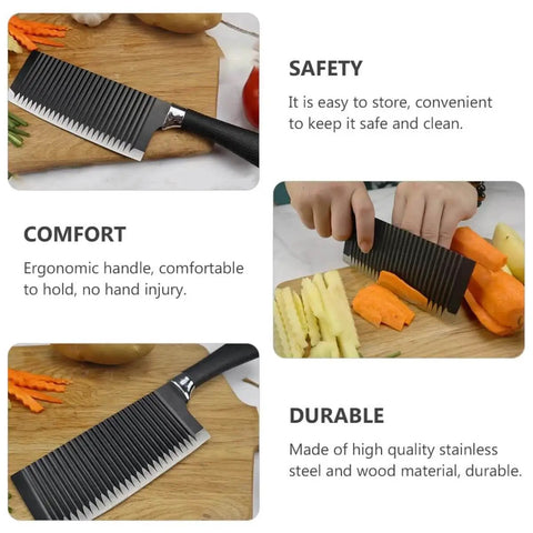 Stainless Steel Crinkle Potato Cutter And Wavy Vegetable Slicer Kitchen Chopper For French Fries And Scalloped Potatoes Easy To Use No Fuss Durable And Compact Kitchen Tool For Home Chefs shown with ergonomic handle and crinkle blade in use.