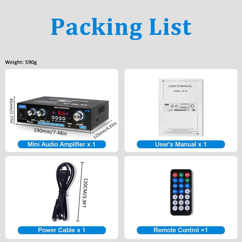 Packing list showing Compact Stereo Amplifier With Bluetooth 5.0 And 2 Channel Output, user's manual, remote, and power cable.