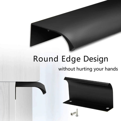 Back Mount Finger Edge Pull 80mm Black Aluminum Alloy Hidden Concealed Tab Handle for Cabinets and Doors with screws, round edge design.