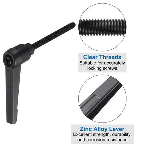 4 Piece Lever Adjustable Handles M5 By 50mm Metric Male Thread With Nuts and Washers, close-up with clear threads and zinc alloy lever