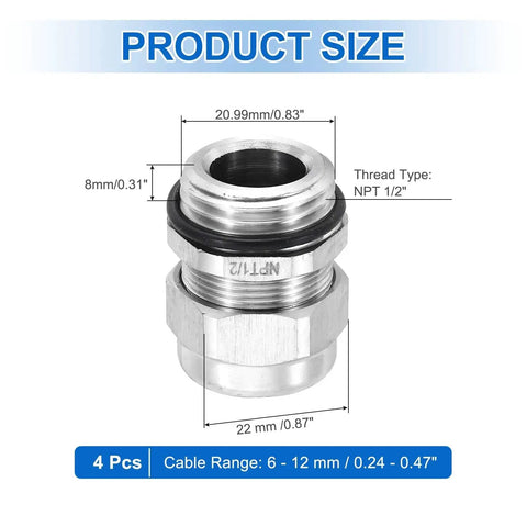 Half Inch NPT Cable Glands IP68 Waterproof Strain Relief Cord Grip Connector for 6-12mm Wire Diameter, 304 Stainless Steel.