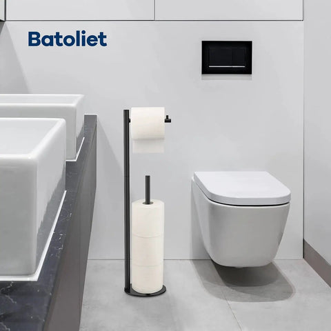 Free Standing Black Toilet Paper Holder Stand With Reserve Storage Space Saving Bathroom Roll Holder in modern bathroom setting.