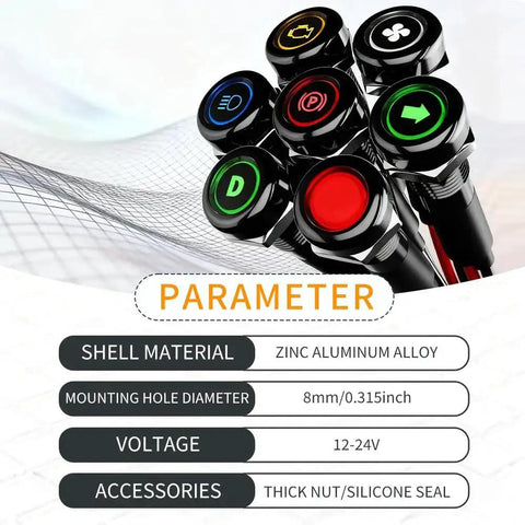180 Changeable Symbols LED Indicator Light 12V-24V IP67, red, bundle of dash pilot lights with parameters listed.