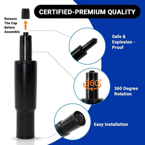 2.4 Inch Short Gas Lift Cylinder For Office Chairs, Heavy Duty 1000lbs Class 4 Hydraulic Lift shown with features like 360 rotation.