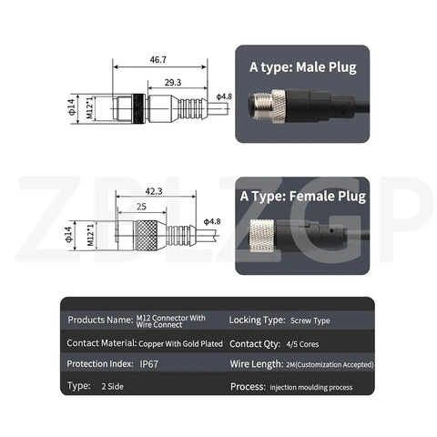Diagram showing M12 8 Pin Waterproof Actuator Cable with straight male to female connector, IP67 rating, suitable for industrial use.