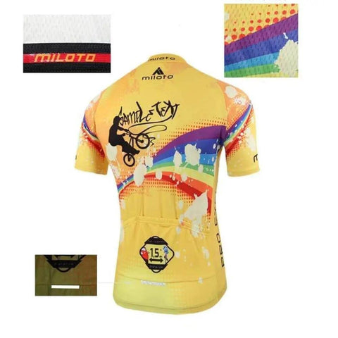 Yellow cycling jersey with abstract design and logo, surrounded by fabric texture and detail samples.