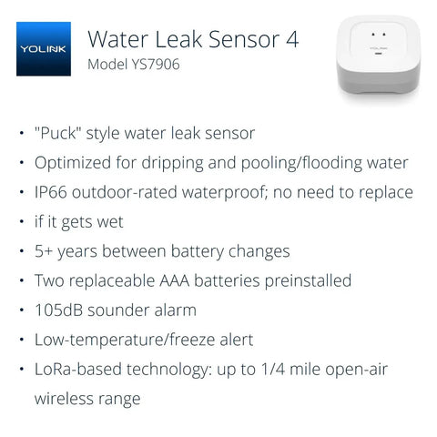 Smart Water Leak Detector 4 With 105dB Alarm, Freeze Warning, Model YS7906 shown with product features and YoLink logo.
