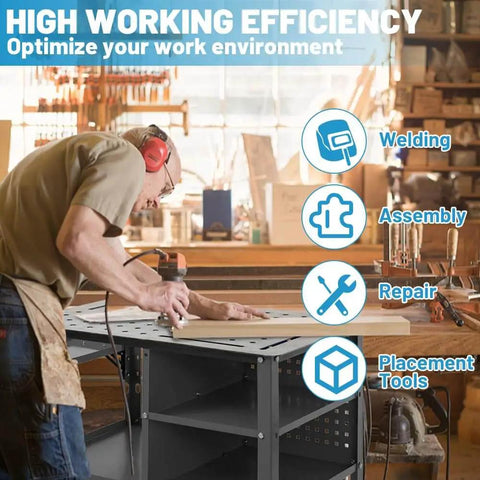 Man using 36 By 24 Inch Welding Table With Wheels Mobile Steel Workstation Heavy Duty Design Perfect For Sawing And Fabrication