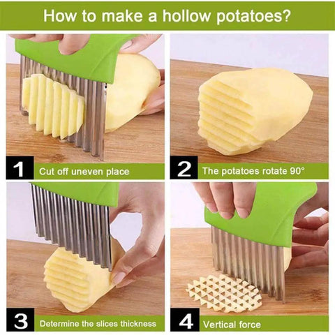 Crinkle Cut Knife Set With Fork Slicing Helper And Three Stainless Steel Wavy Cutters For Potatoes Onions and More in use