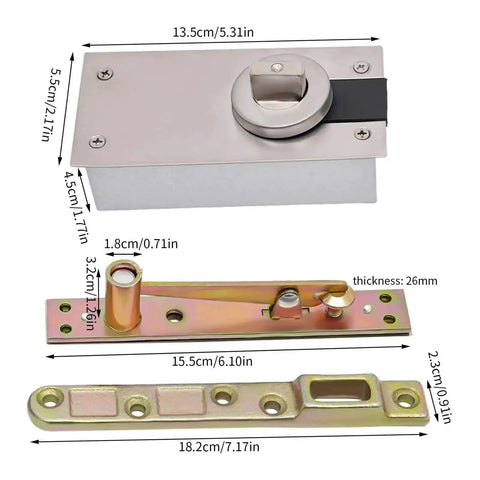 Beefy Hidden Door Hinges With 360 Degree Pivot for secret doors, silver hardware with dimensions, high load bearing for seamless entry.