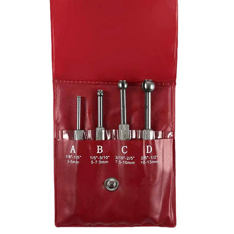 Precision Small Hole Bore Gauge Set Telescoping Full Round Bore Four Piece Built From 65 Mn Steel And Heat Treated For Superior Strength And Rust Resistance Includes Four Gauges Ranging From One Eighth To One Half Inch With A Handy Case in red case