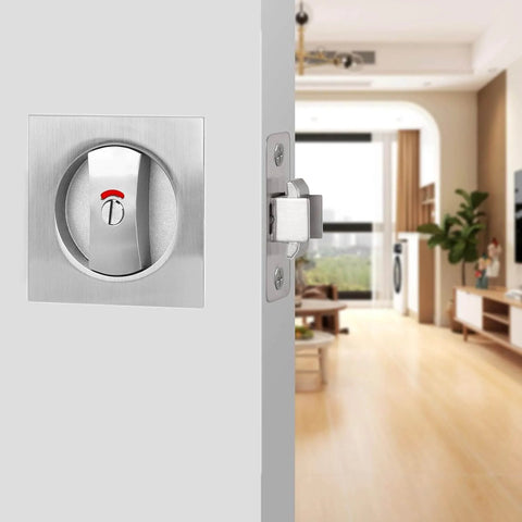 Keyless Privacy Pocket Door Lock With Visual Indicator For Bedroom And Bathroom Sliding Doors Square Handle Rust Proof Zinc Alloy Hardware For Interior Doors Easy Install And Smooth Quiet Operation installed view