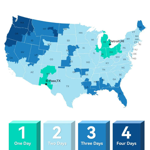 Map of U.S. with shipping zones color-coded by delivery days from El Paso, TX and Detroit, MI in varying shades of blue and green.