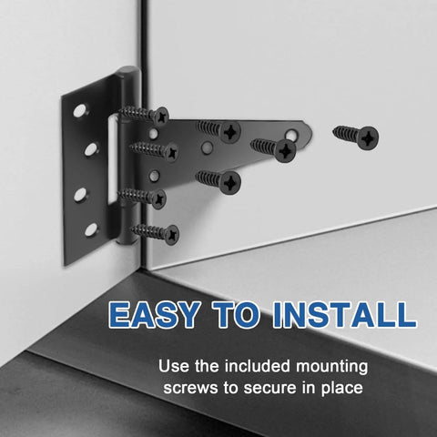 Six Inch T Strap Heavy Duty Gate Hinges Two Pack Black Wrought Iron Tee Shed Door Hinges installed on corner surface
