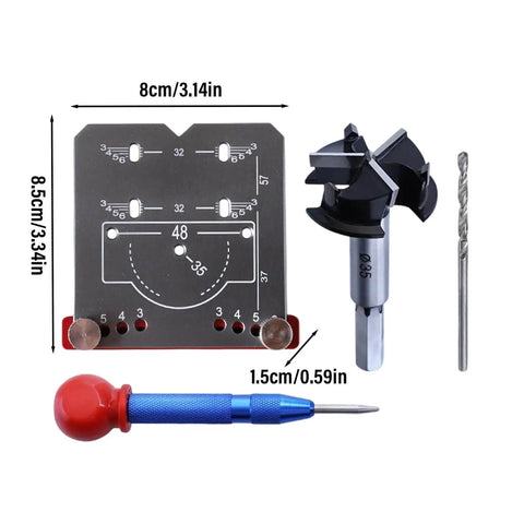 Cabinet Door Mounting Jig With Precision Hinge Locator 8x8.5x1.5cm, drill bits, and positioning tool for door hardware installation.