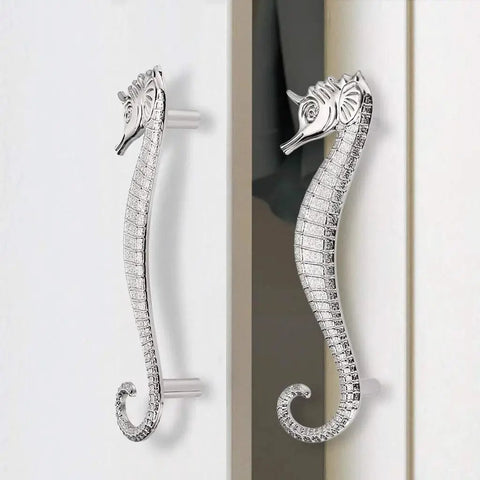 Seahorse Shaped Drawer Pulls Ocean Theme Marine Style Cabinet Hardware Zinc Alloy Coastal Metal Decorative Pulls for Dresser Chest Cabinet Cupboard and Closet in Durable Silver Finish installed on cabinet doors