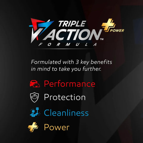 Mobil 1 Extended Performance High Mileage 5W30 Triple Action Formula benefits: performance, protection, cleanliness, power.
