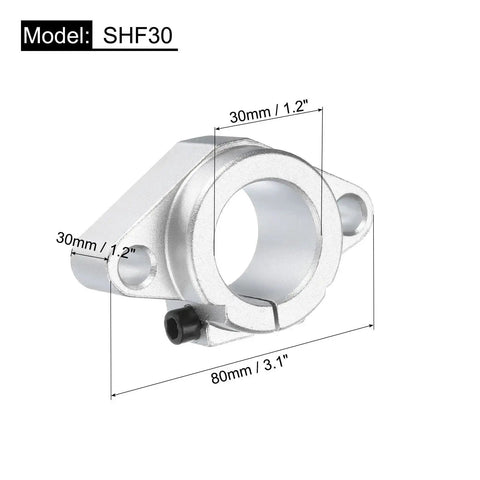 SHF30 Aluminum Linear Rod Rail Shaft Support with mounting dimensions for 30mm shafts, shown in side view.