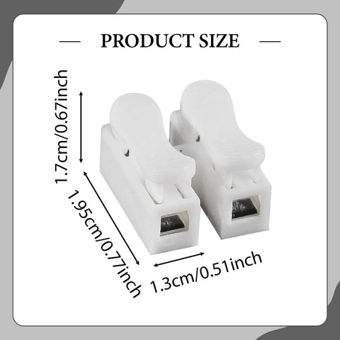100 Pack CH2 Spring Wire Connectors For Electrical Wiring, Quick Clamp Terminal Blocks shown with dimensions