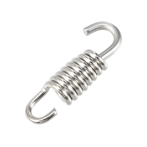 Motorcycle exhaust pipe spring, stainless steel with hooked ends.