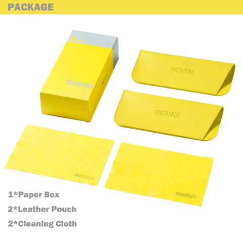 Yellow packaging with two leather pouches and two cleaning cloths for Cat Eye Sunglasses For Women Sharp Angles Frame With UV400 Protection Black 2Pack Retro Cool Vintage Fashion 90s Funky Ladies Small Chunky Unique MS51801 Trendy Square Cateye Eyewear For Everyday Sunny Days.