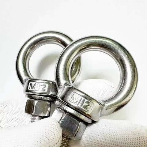 Two Pack M12 304 Stainless Steel Shoulder Eyebolts With Nuts And Flat Washers Heavy Duty Lifting Eyebolts shown in hand