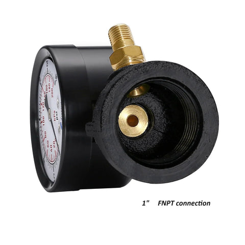 CARBO gas test pressure gauge with 1 in. FNPT brass valve and black steel body, 0–30 psi