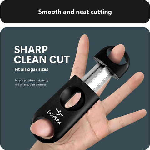 Close-up of hand holding Enlarged V Cut Cigar Cutter Set 4 Pack For Men With Ergonomic Stainless Steel And Plastic Build Portable Sharp Clean Cut Fits All Cigars Gift Box Included Durable Smoking Accessory For Home Bar And Travel