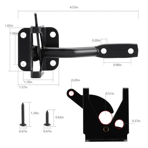 Wood Gate Hardware Set Heavy Duty 6 Inch Tee Hinge And Pull Kit with screws displayed next to measurements on white background.
