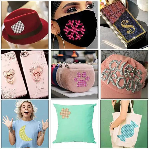 Images of items decorated with Hotfix Rhinestone Applicator Kit With 5784 Rhinestones, including hats, masks, bags, and phone cases.