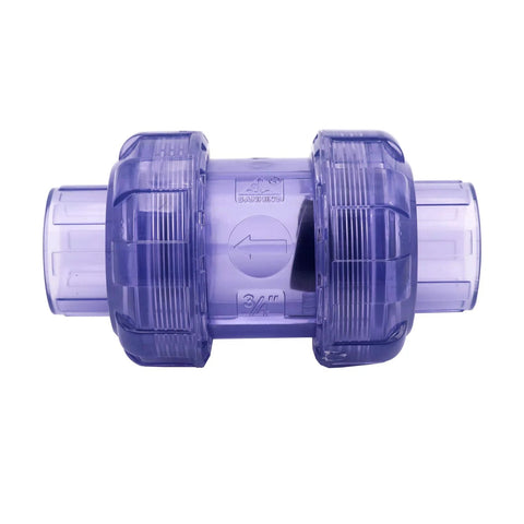 3/4 inch UPVC swing check valve, true union, no-spring, blue translucent body with slip joints for backflow prevention