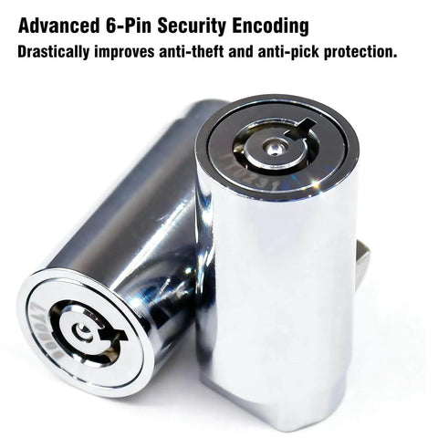 Two Pack Vending Machine Locks Keyed Alike With Six Identical Keys For Soda Snack Candy Machines And ATM Cabinets, High Security Tubular Keyway Cylinder Locks, Zinc Alloy Construction, No-Fuss Access With A Single Key That Opens Both Locks showing close-up of chrome zinc alloy locks with 6-pin security encoding.