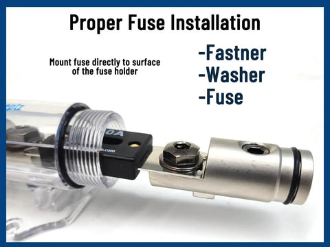 Close-up of Inline Waterproof ANL Fuse Holder for 0 2 and 4 Gauge Wires with visible fastener, washer, and fuse installation.