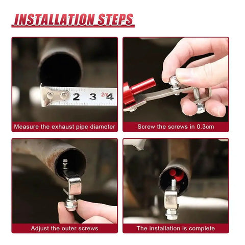 Installation guide for Universal Car Exhaust Whistle Aluminum Alloy Tail Pipe Roar Sound Booster showing steps with tools
