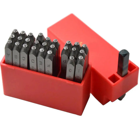 Beefy Heavy Duty Steel Stamp Set 36 Piece Uppercase Letters And Numbers 1 Sixteenth Inch 1.5mm Hand Stamping Kit in red case
