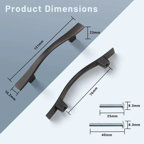 Five Pack 3 Inch Curved Oil Rubbed Bronze Cabinet Handles dimensions and screws; 121 mm total length, 76 mm center hole spacing.