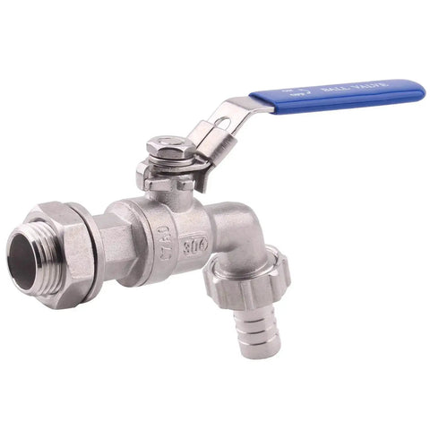 Stainless Steel Ball Valve One Half Inch Weldless Bulkhead For Home Brew Kettle And Mash Tun, Two Piece Full Port Design With Hose Barb