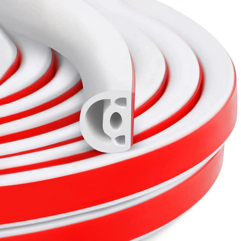 Close-up of New Upgrade 19.7 Ft Silicone Door Weather Stripping Seal For Doors And Windows With Self Adhesive Multilayer Soundproof Chamber Design That Seals Large Gaps Cuts To Fit Easy To Install Durable Silicone Door Seal Strip showing coiled white and red layers with chamber design.