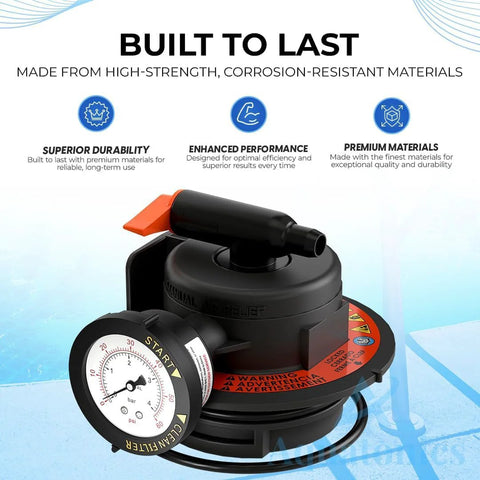 Aquatonics manual air relief valve with pressure gauge, black body, red lever, O-rings for pool filters