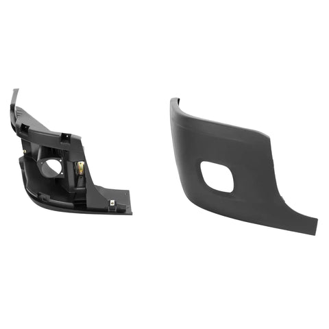 Front Passenger Bumper End Cap Reinforcement for Cascadia Fog Light Holes, black, showing inside and flat side views.