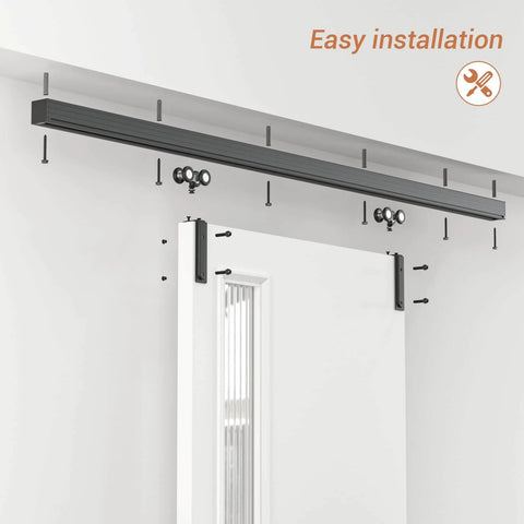 72 Inch Box Rail Sliding Barn Door Hardware Kit With Ceiling Mount Built Tough Black For Exterior And Interior Use No Door Included Fits Up To 32 Inch Opening And 36 Inch Door Panel Aluminum Alloy Track, ceiling-mounted track installation view