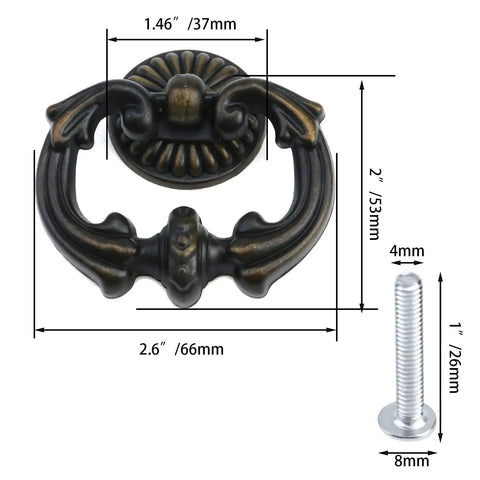 Vintage Antique Bronze Cabinet Pulls With French Provincial Style Single Hole Ring Handles, dimensions shown, 37mm base.