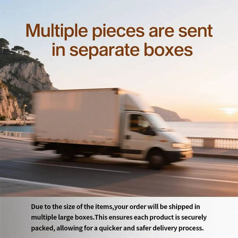 Delivery truck on coastal road with text about shipping large items in separate boxes