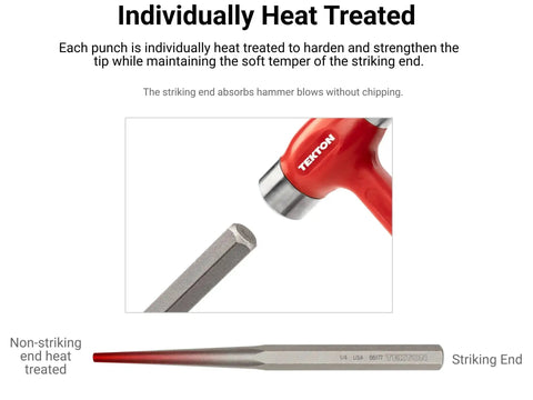 Long Alignment Punch Set Three Piece with individually heat treated tips and hammer, showing durable striking end, Made in USA.